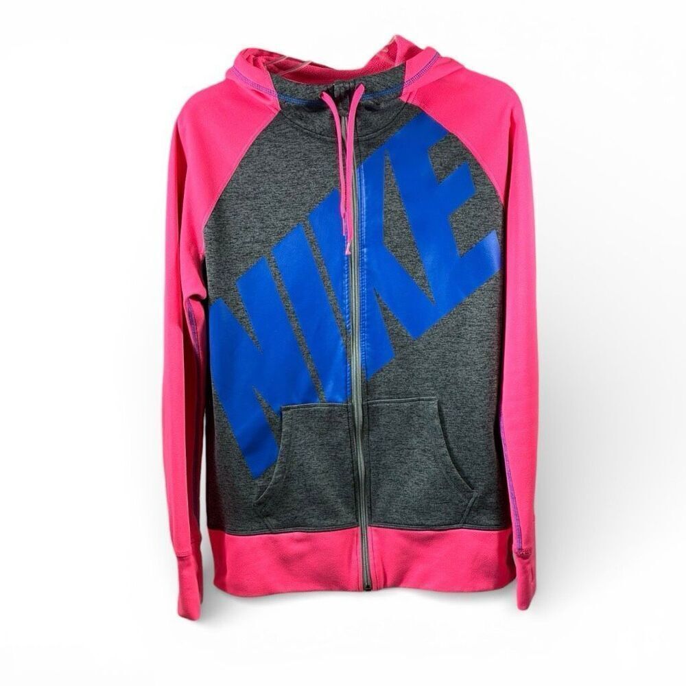 NIKE Therma Fit Color Block Block Full Zip Hoodie in Bright Pink Gray and Blue